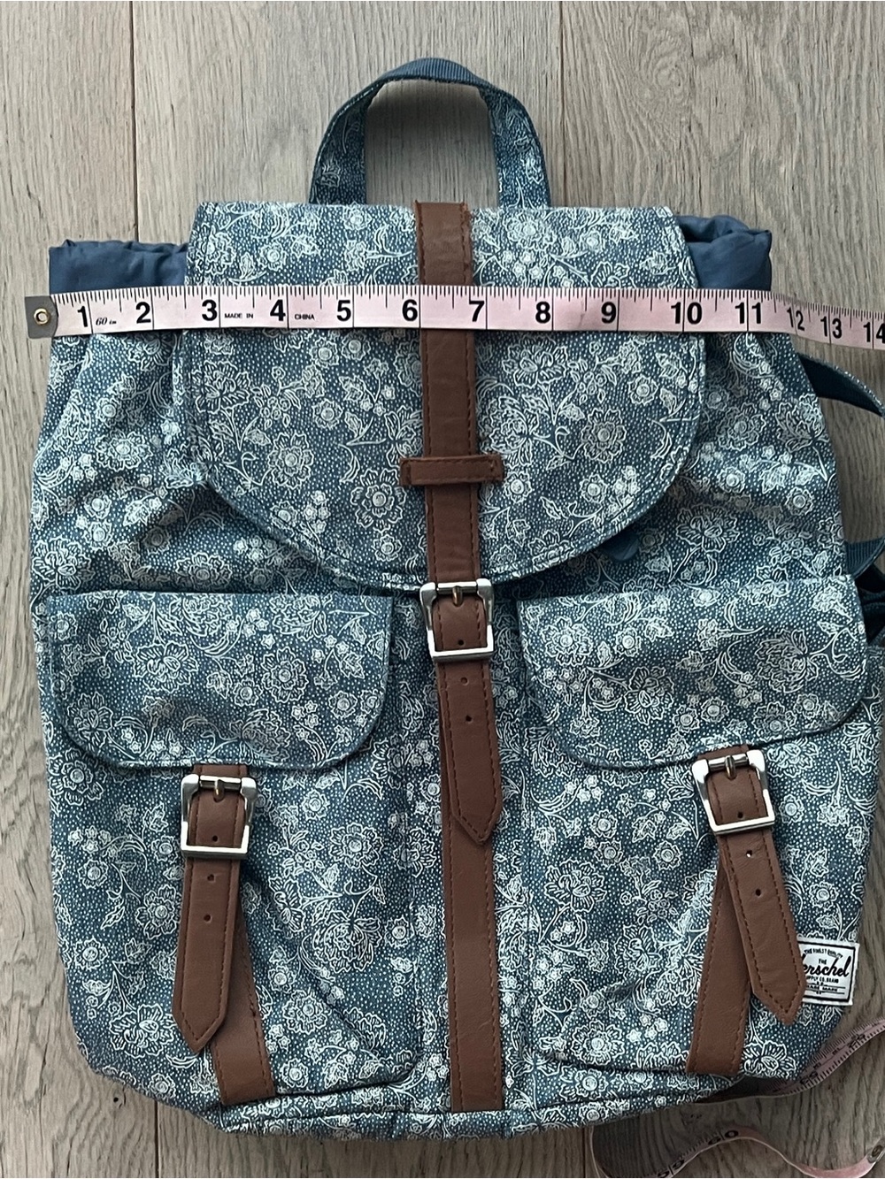 Herschel Supply Small Blue Floral Backpack Leather Straps - Picture 9 of 14